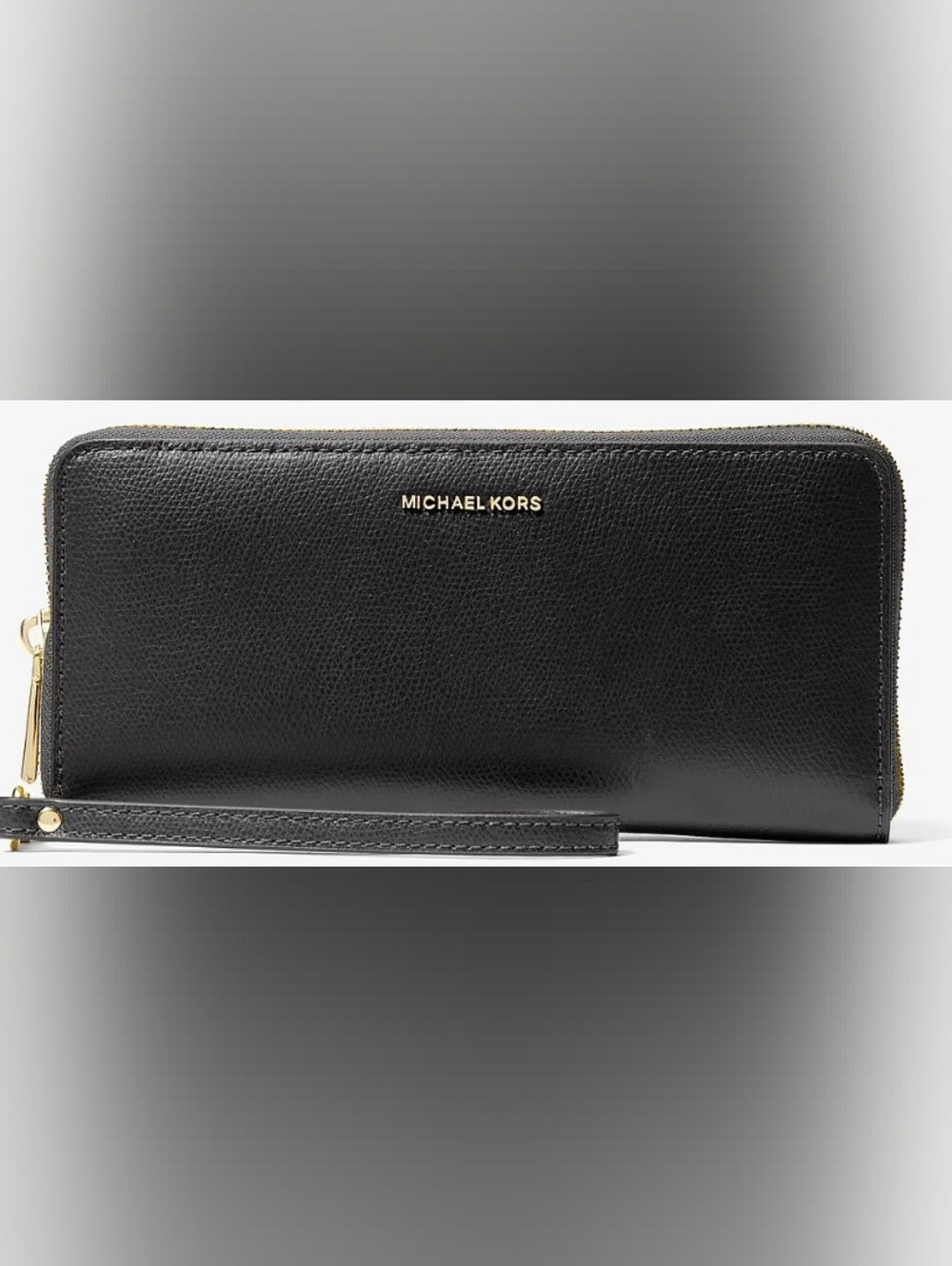 Michael Kors Jet Set Continental Black Leather Zip Around Wallet. Gold Hardware